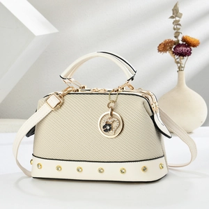 Women PU Leather Handbag Elegant Woven Texture Shoulder Bag With Gold Rivets And Heart Pendant Crossbody Doctor Bag