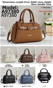 Detail view of structured handbags showing multiple colors and internal storage compartments