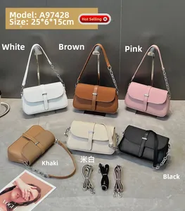 Group shot of square crossbody bags in six colors with chain straps and size 25x6x15cm