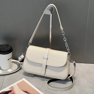 Chic beige crossbody square bag with woven flap detail and silver chain strap