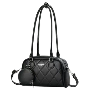Quilted black leather tote bag with round coin purse and silver metal hardware accents