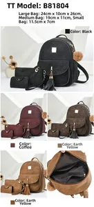 Detailed view of the 3-piece backpack set including dimensions and internal compartments
