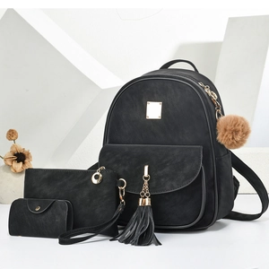 Women Fashion Backpack Clutch And Card Holder PU Leather Matte Tassel Pom Pom Large Capacity Student School Travel Bag