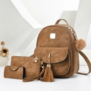 Brown 3-piece fashion backpack set including large dome bag and matching pouches