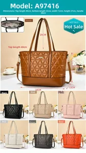 Quilted tote bag showing large capacity dimensions and multiple color options