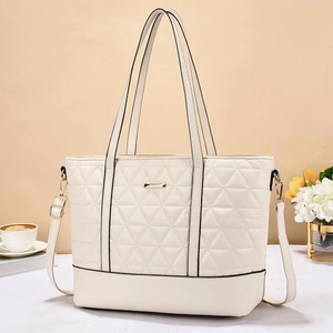 Large Capacity Tote Bag Women Quilted PU Leather Triangular Pattern Shoulder Handbag With Detachable Adjustable Strap