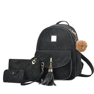 3-piece black backpack set with faux suede finish and decorative gold zippers