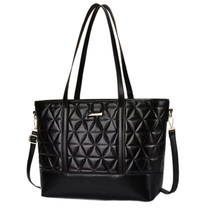 Large capacity black quilted tote bag with silver hardware and dual straps for women