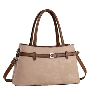 Retro khaki crossbody bag with brown leather handles and silver buckle in a 45-degree view
