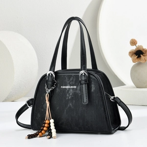 Women Boston Handbag Textured PU Leather Crossbody Shoulder Bag With Beaded Tassel Charm Simple Fashion Daily Purse
