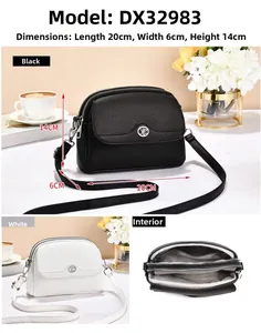 Detailed view showing triple zipper compartments and 20x6x14cm size of the square bag