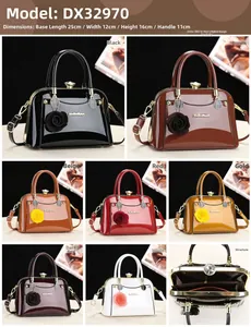 Detail view of glossy shell bag with rose charm and crystal buckle in various colors