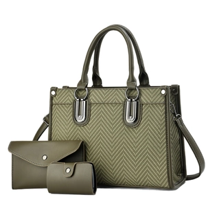 Ensemble de sacs 3 pièces en cuir vert olive et tissu avec portefeuille et porte-carte