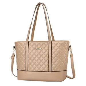 Elegant beige quilted tote bag with dual handles and detachable shoulder strap on white base