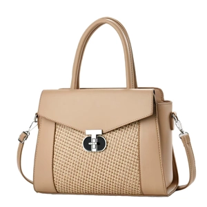 Beige faux leather and woven shoulder bag with a silver T-lock buckle and top handle