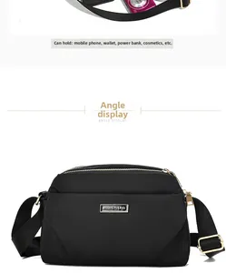 Detailed view of black nylon crossbody bag with multiple zippers and large capacity