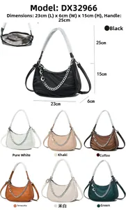Detailed size chart of crescent crossbody bag showing seven colors and silver chain strap