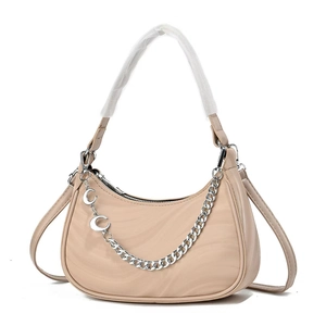 Beige crescent hobo bag with silver chain and C-pendants on clean white background