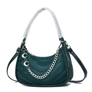 Dark green crescent shoulder bag with water ripple texture and silver chain