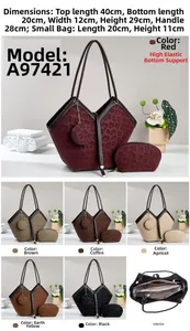 Detail view of leopard print tote bag set with dimensions and various color options