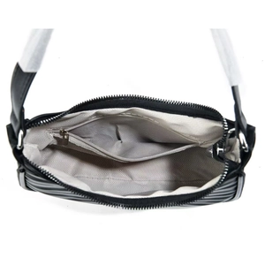 Interior view of black tote bag showing herringbone lining and secure zipper pocket