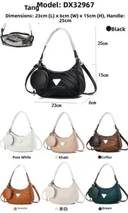 Detailed size chart for crescent handbag showing 23x6x15cm dimensions in 7 colors