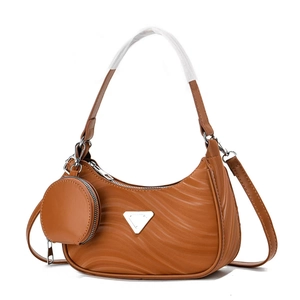 Brown vegan leather crossbody bag with iconic triangular metal buckle and round pouch