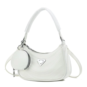Chic white crescent handbag with wave texture and mini round coin pouch charm