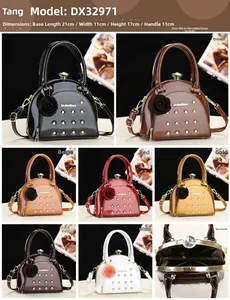 Collage of glossy patent leather handbags with metal rivets and detachable shoulder straps