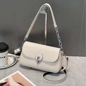 Vintage cream box shoulder bag with woven texture lid and silver chain strap