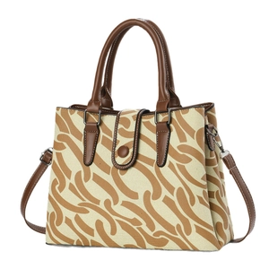 Large capacity tote bag in cream canvas with brown chain pattern and leather straps