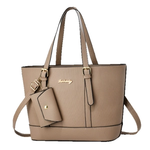 Three-piece tote bag set in khaki woven leather with gold hardware and shoulder strap