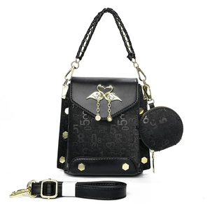 Women PU Leather Shoulder Bag With Embossed Numbers Flamingo Swan Hardware Artificial Pearl Charm Round Coin Purse Trendy Handbag