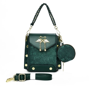 Dark green shoulder bag with flamingo clasp, embossed digits and small round coin purse