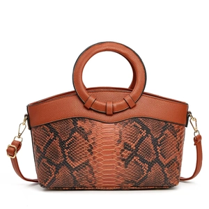 Brown vintage faux leather tote bag with python print detail and round handles