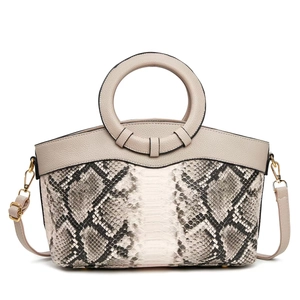 Vintage beige lychee leather handbag with snake print and large round ring handle