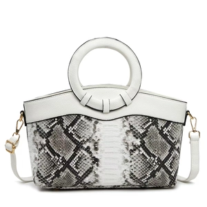 Detail of snake skin pattern contrast on white leather handbag with round handles