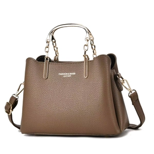 Deep brown large capacity handbag in litchi leather with gold chain handles