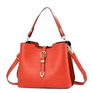 2025 large orange leather tote bag with embossed plaid pattern and gold buckle