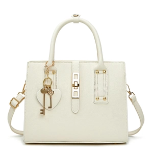Women Shoulder Handbag PU Leather Litchi Grain Large Capacity Commuter Tote With Golden Lock Heart Key Charm