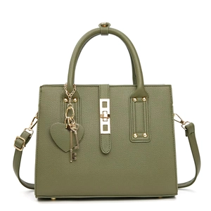 Deep green textured leather tote bag with gold hardware and a heart-shaped charm