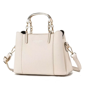 Detail of cream white pebbled leather handbag with gold arc handle and chain strap