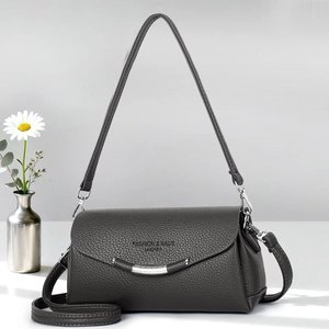 Elegant grey litchi grain leather square crossbody bag with adjustable strap and top handle