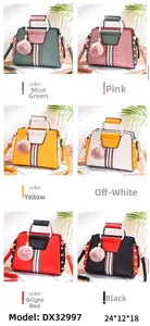 Detail showing contrast color handbags in six shades with side rivets and pompom charms