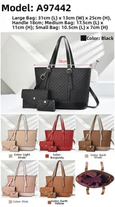 Dimensions du lot de trois sacs à main et six coloris avec gaufrage géométrique