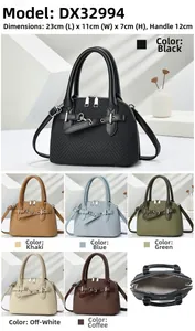 Detail view of woven shell-shaped handbags in six colors including black and khaki