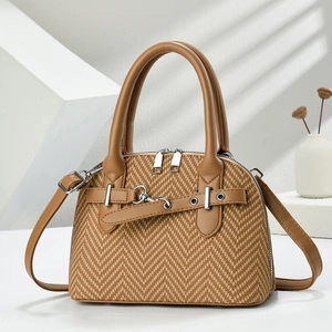 Retro brown herringbone patterned handbag with leather straps and shoulder strap