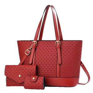 Ensemble de 3 sacs à main rouges à texture tressée avec grand cabas et pochettes