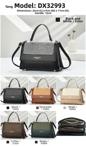 Detailed size chart of woven leather handbag featuring dimensions and internal dual zippers