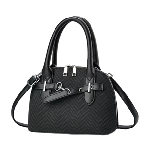 Retro black herringbone fabric and leather tote bag with silver buckle and crossbody strap